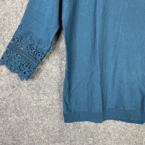 Talbots Sweater Long Sleeve With Crochet Cuffs Fine Knit Women L Teal Green - Picture 4 of 11